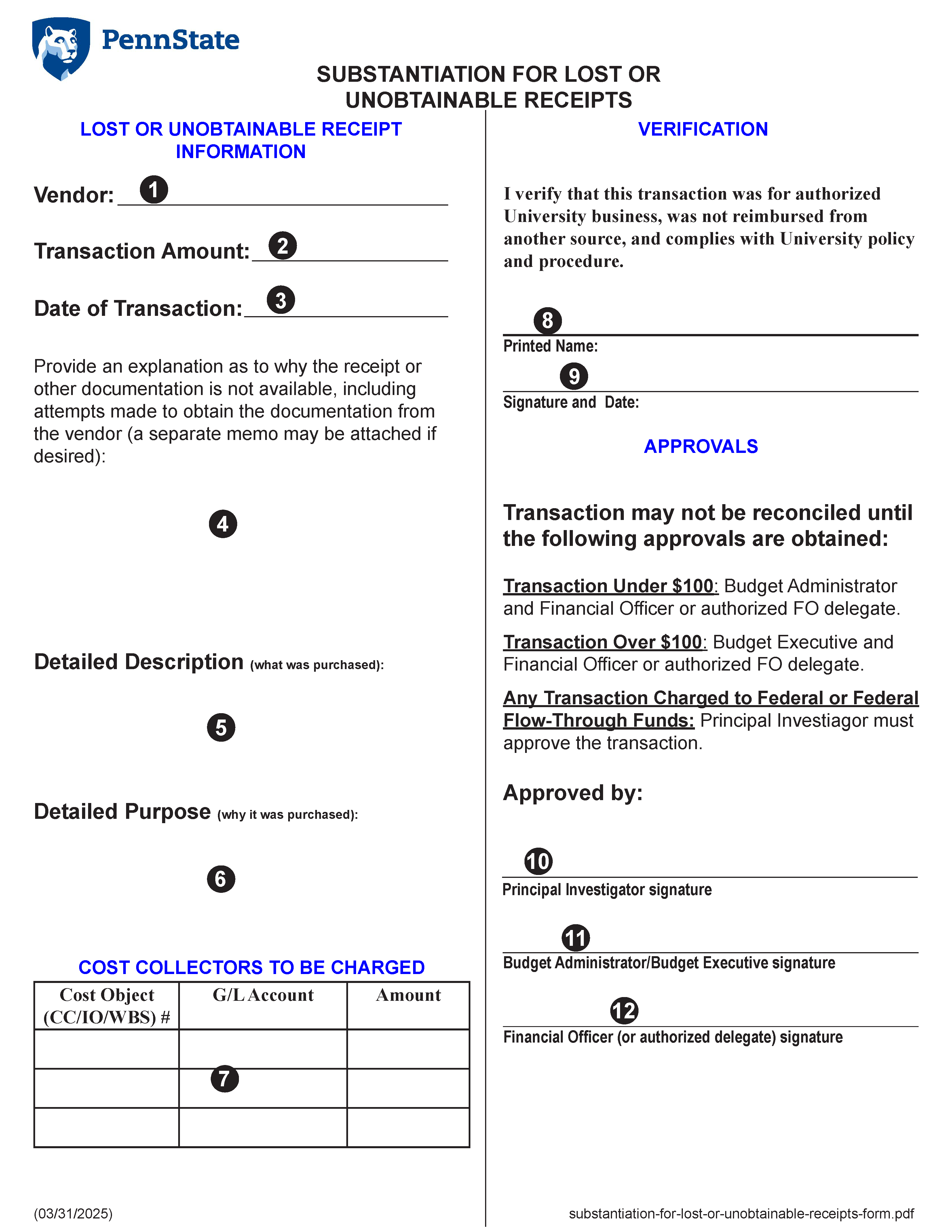 Substantiation for Lost or Unobtainable Receipts Form